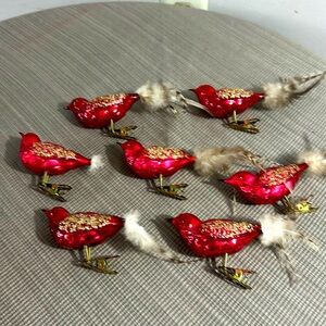 7 Vintage Glass Red Bird Clip-On Christmas Ornament Real Feather Tails Glitter